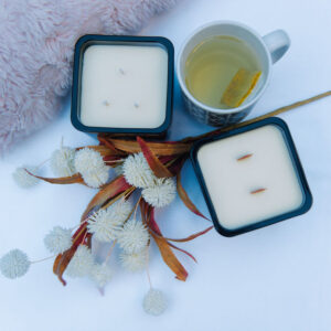 A spread of winter-themed tableware and food items indoors.