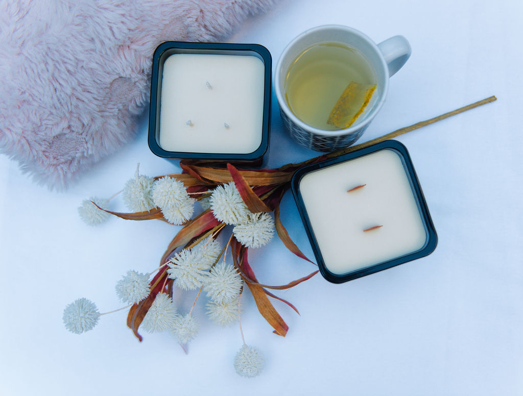 A spread of winter-themed tableware and food items indoors.